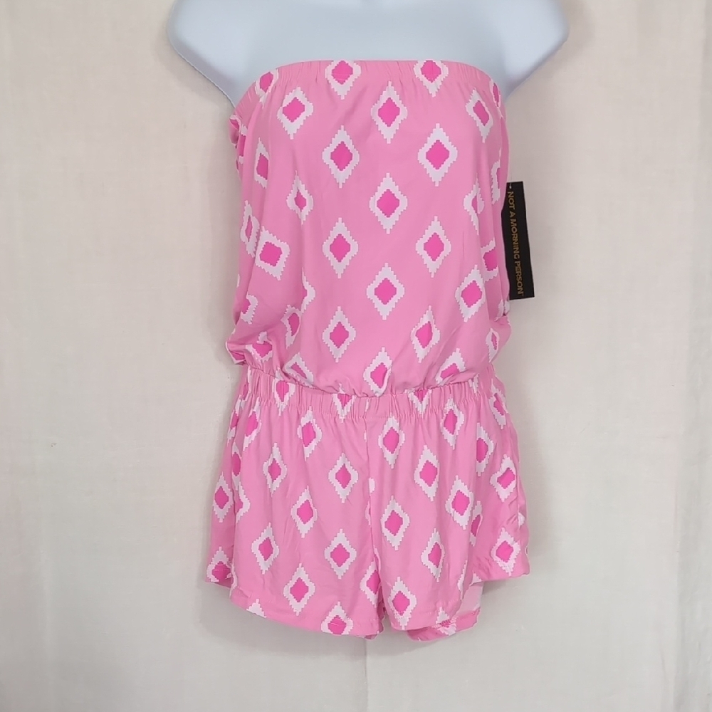 Not a Morning Person Pink Diamond Print Strapless Romper Size Small New with Tag